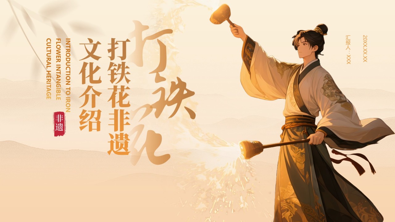 黄色中国风打铁花非遗文化介绍PPT模板