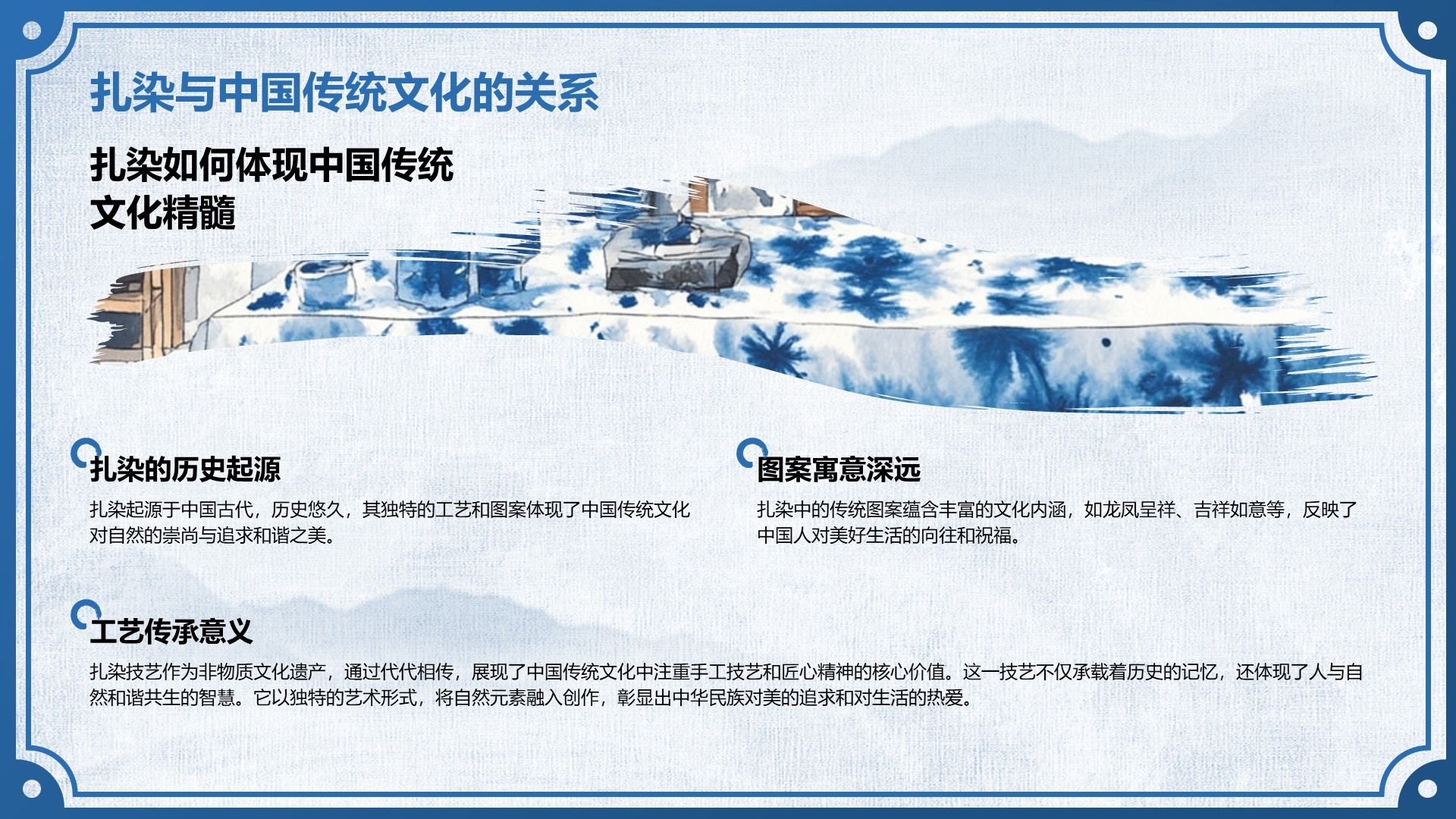 蓝色中国风非遗扎染的艺术魅力PPT模板