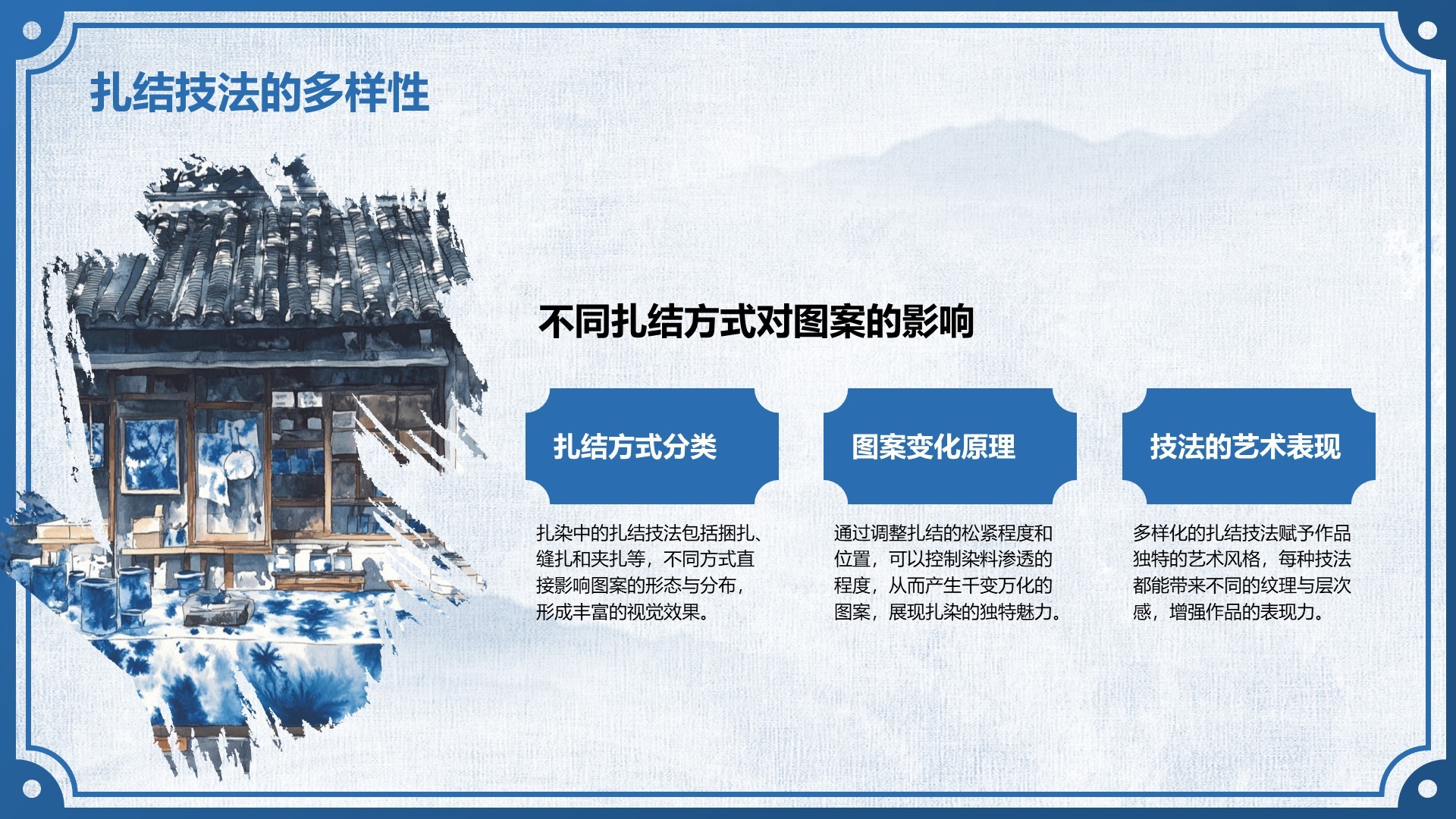 蓝色中国风非遗扎染的艺术魅力PPT模板