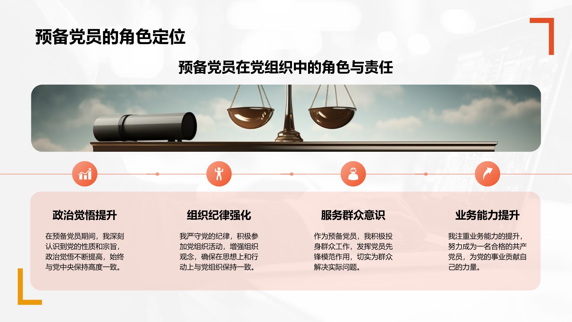 橙色商务风预备党员期间工作学习表现总结PPT模板