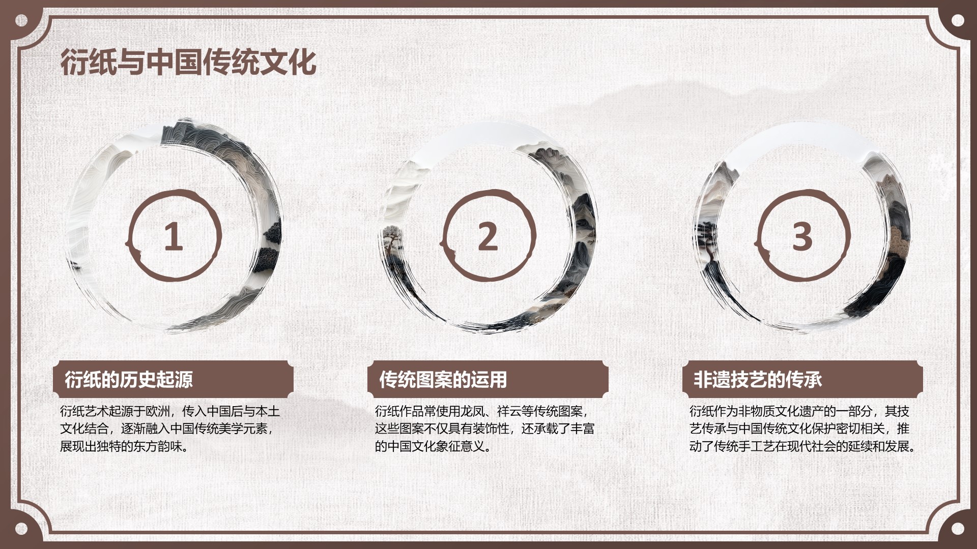 棕色中国风非遗衍纸技艺赏析PPT模板