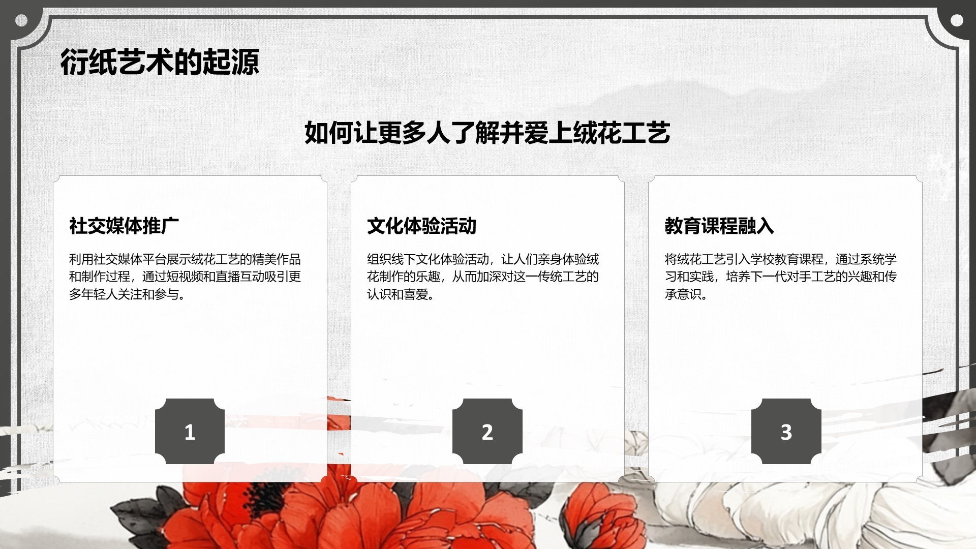 红色中国风非遗绒花的工艺魅力PPT模板