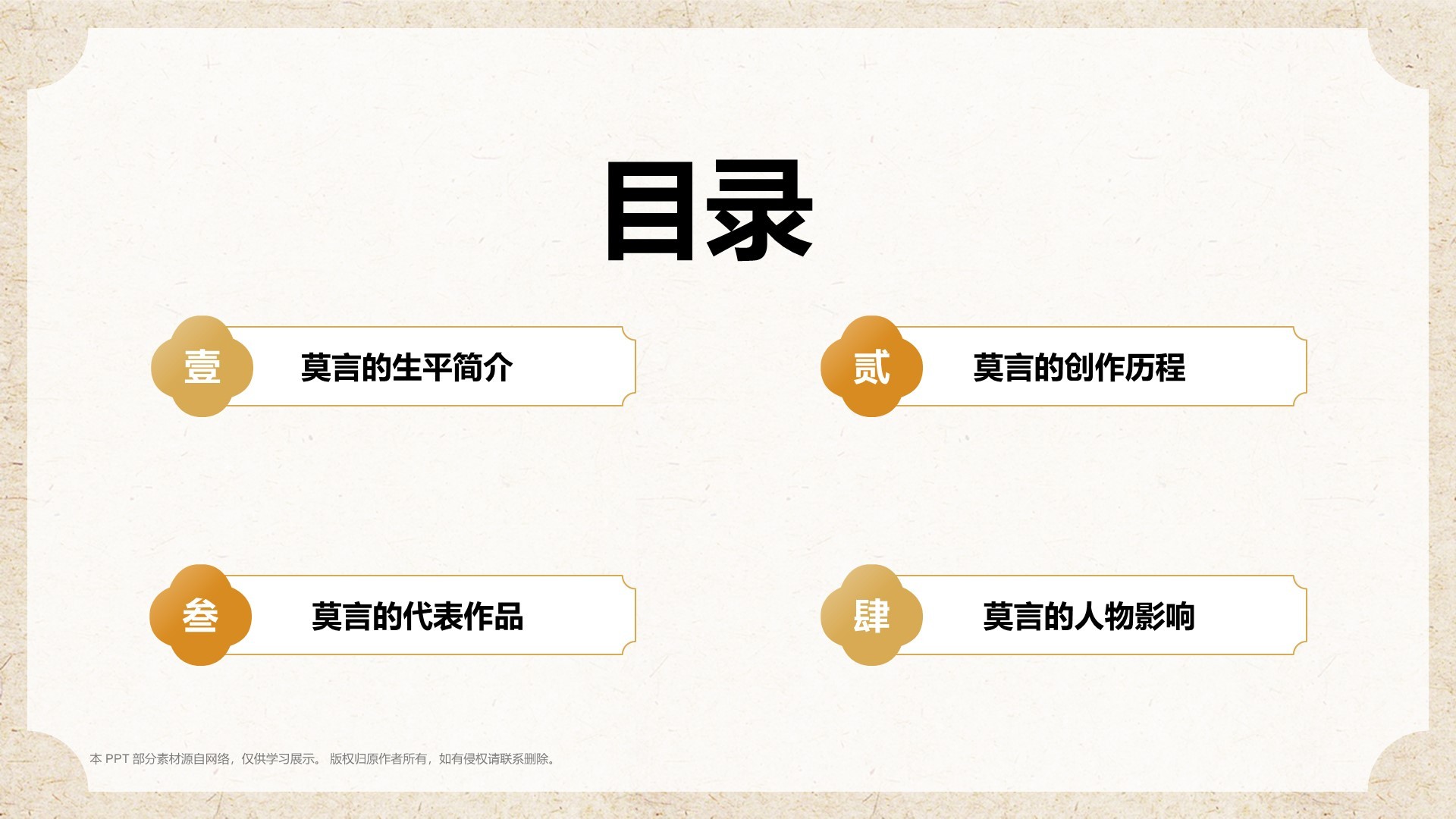 橙色复古风人物介绍——莫言PPT模板