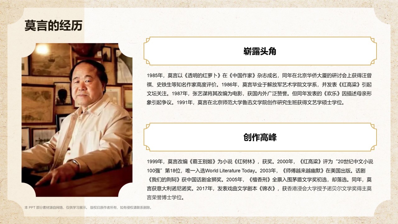 橙色复古风人物介绍——莫言PPT模板