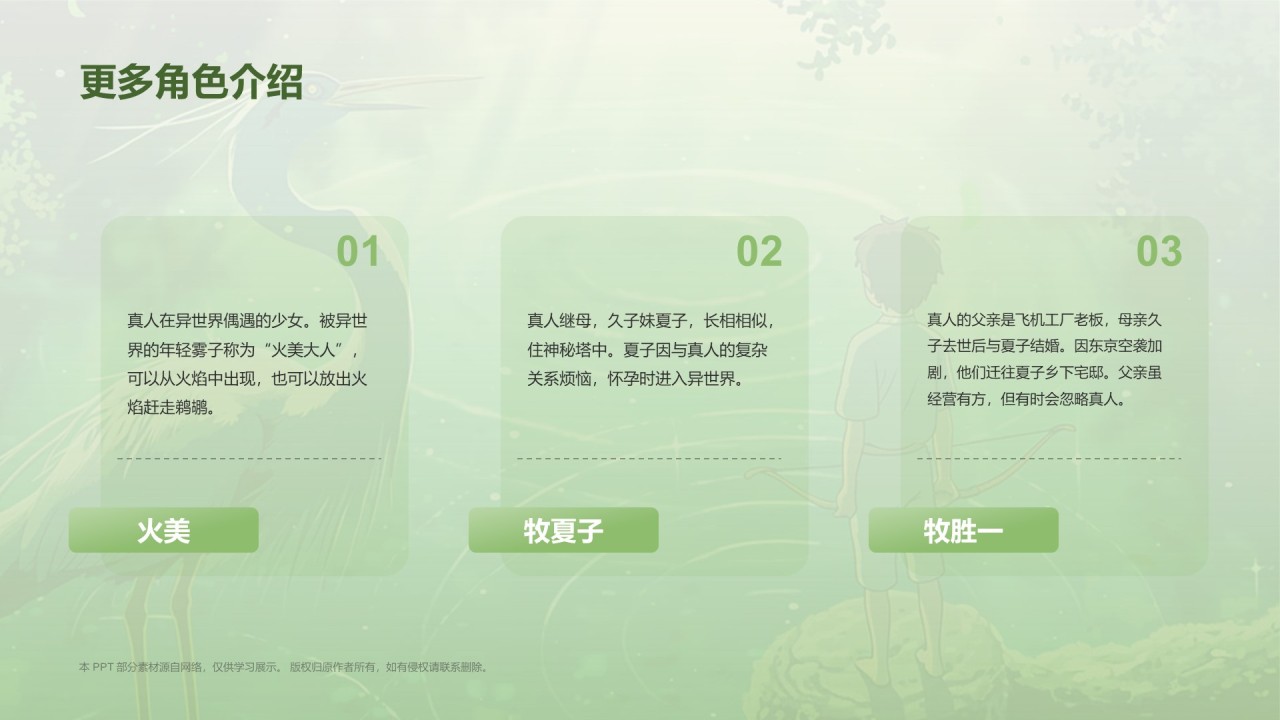 绿色手绘风宫崎骏《你想活出怎样的人生》电影介绍PPT模板