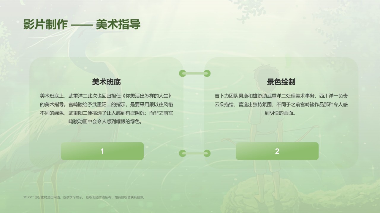 绿色手绘风宫崎骏《你想活出怎样的人生》电影介绍PPT模板