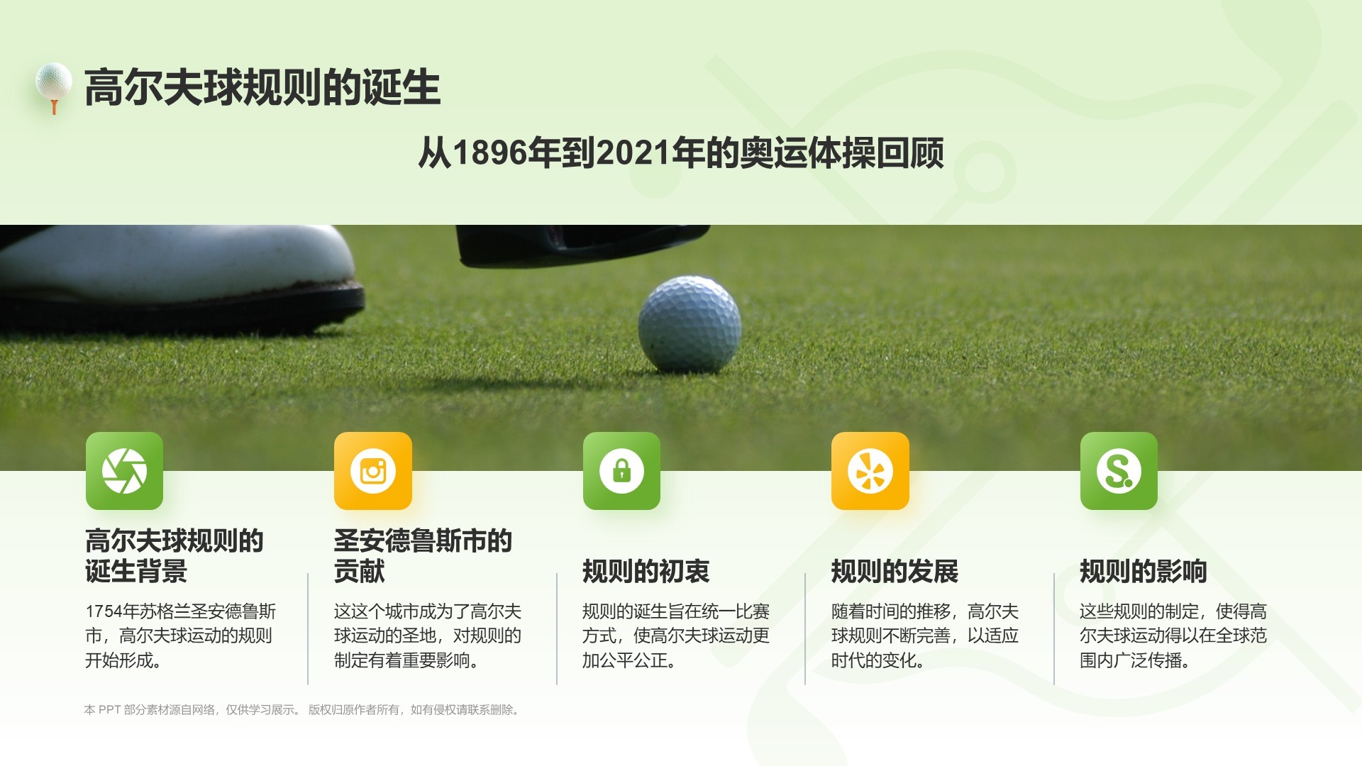 绿色3D风奥运项目科普——高尔夫球PPT模板