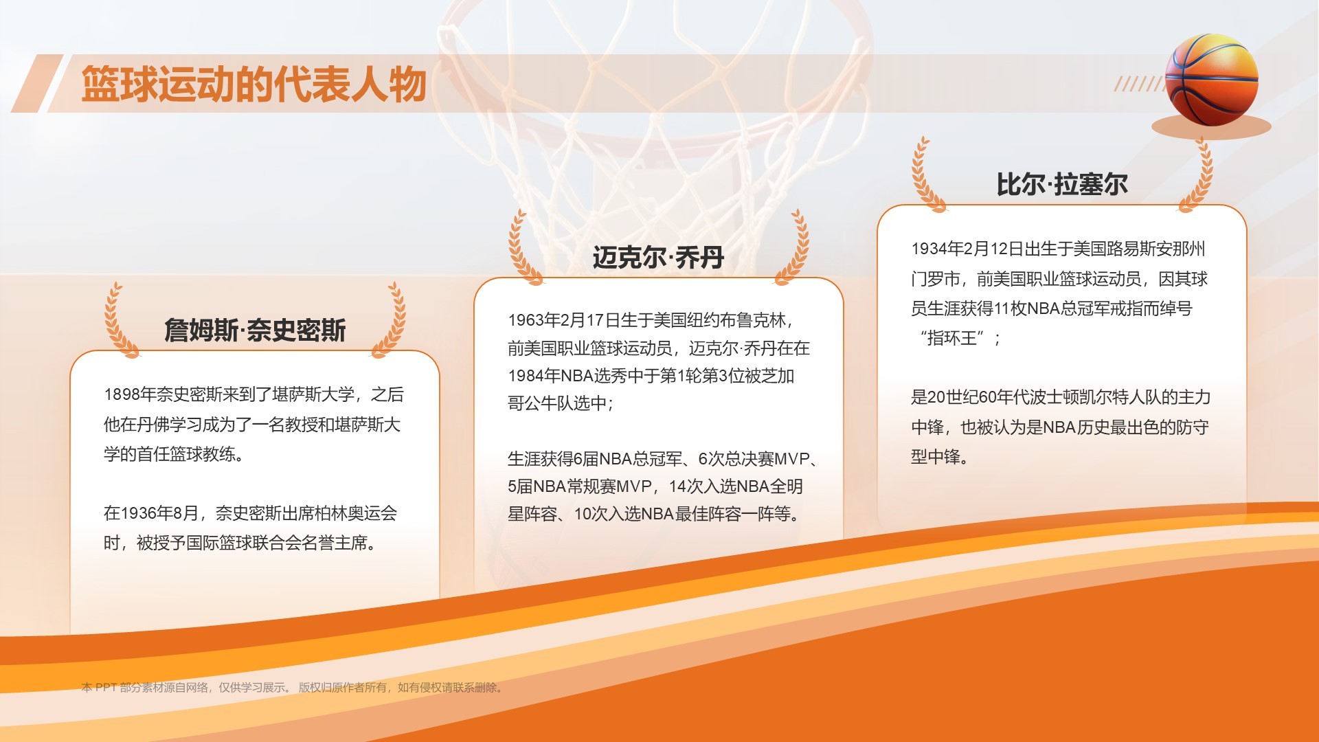 橙色3D风奥运会——篮球项目知识科普PPT模板