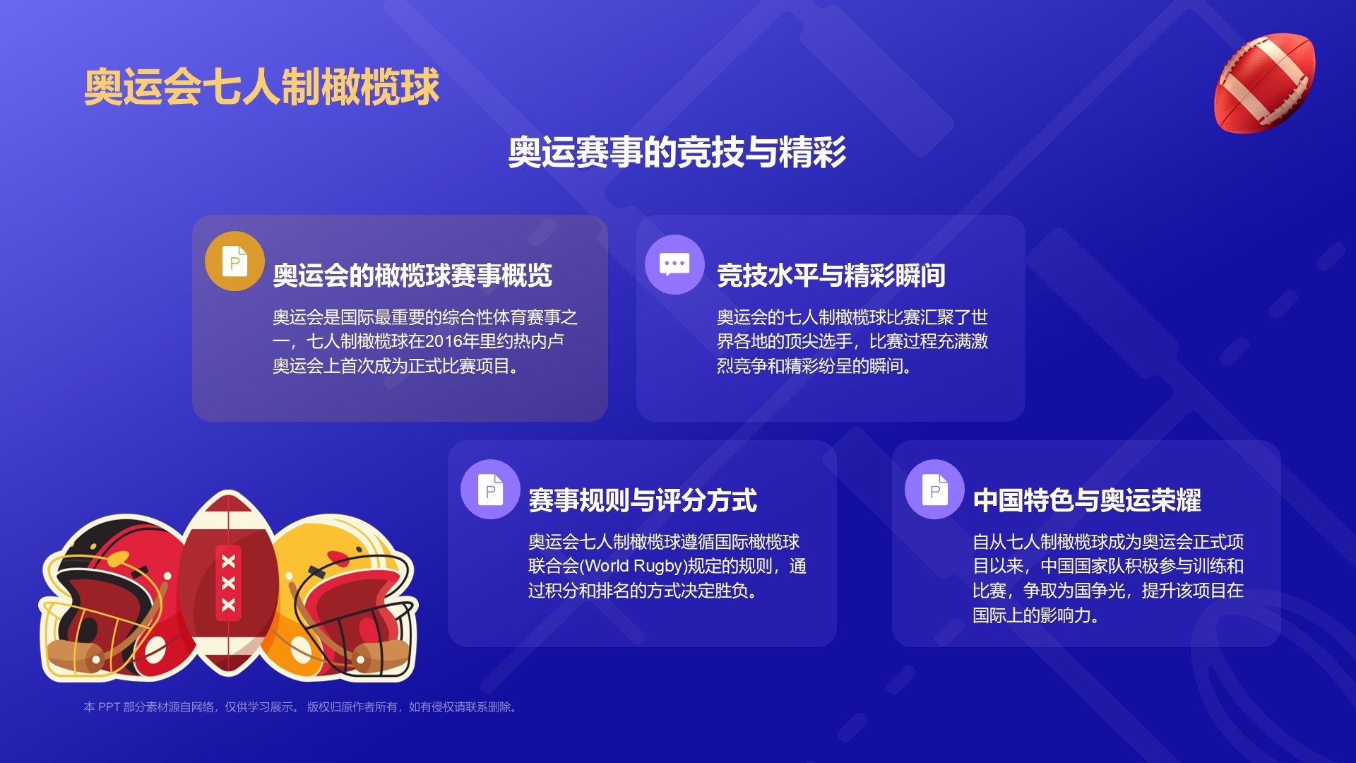 蓝色3D风七人制橄榄球项目科普PPT模板