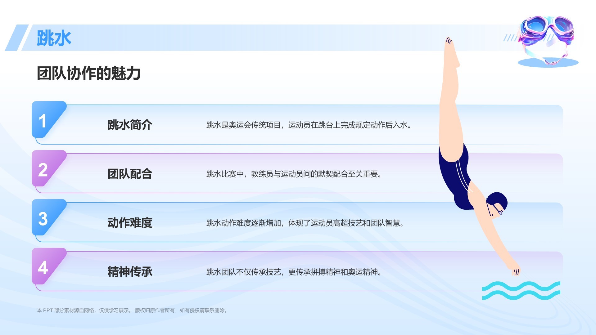 蓝色3D风奥运会——水上运动项目知识科普PPT模板