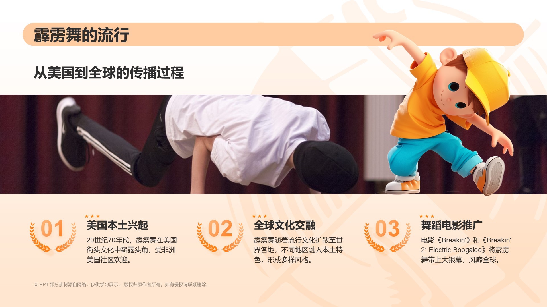 橙色3D风霹雳舞PPT模板