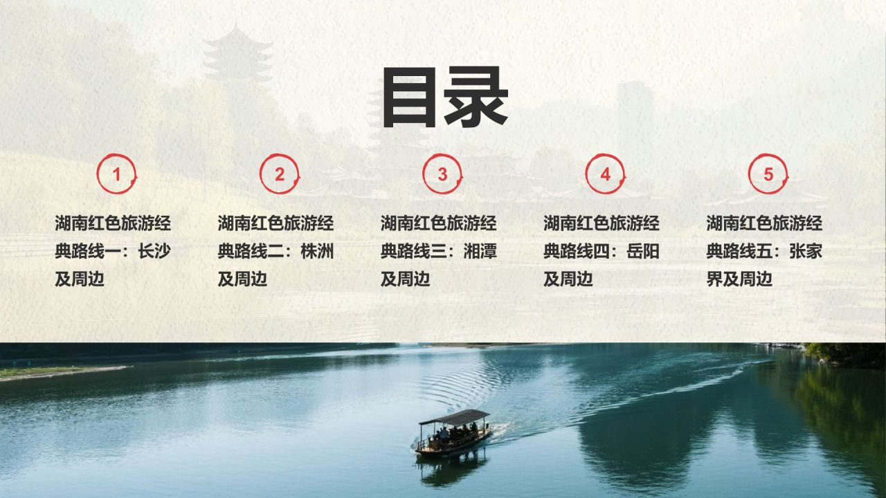 绿色复古风我的家乡湖南:红色旅游经典路线推荐PPT模板