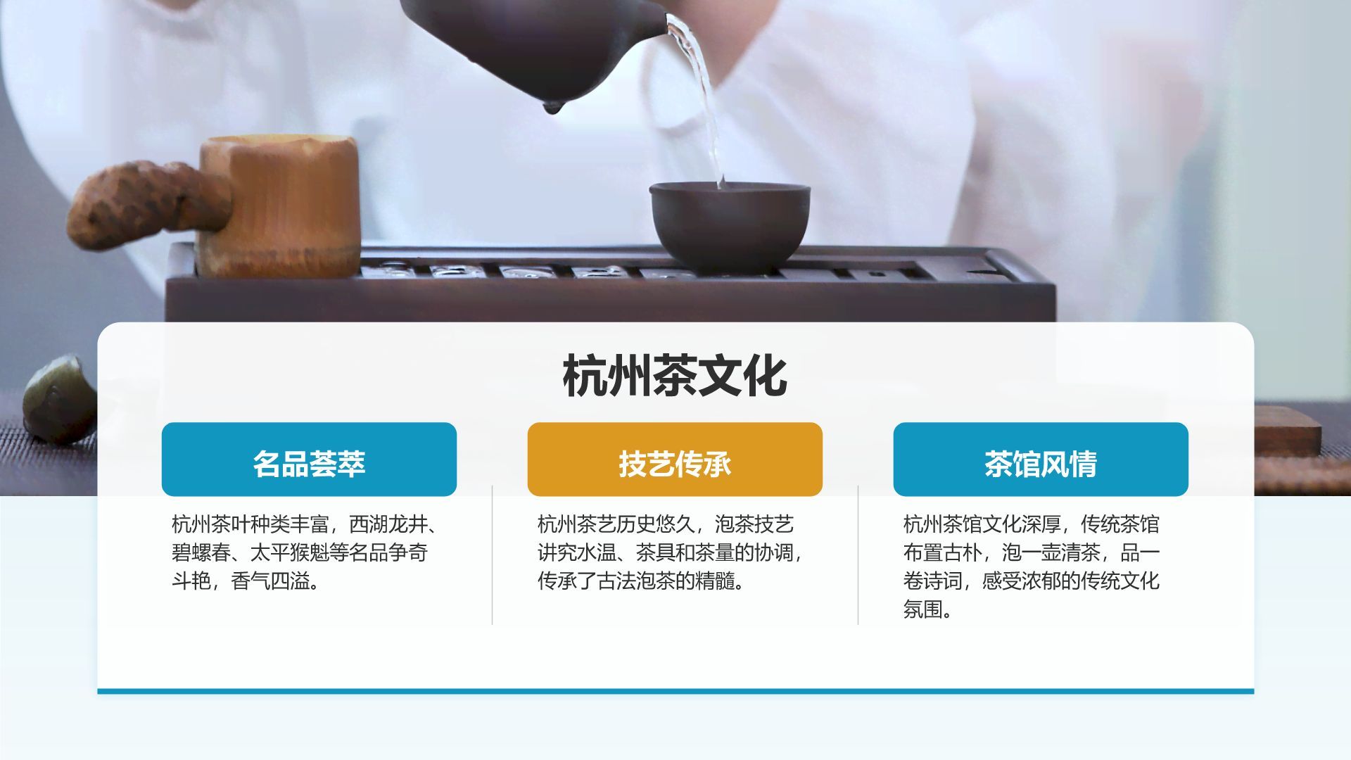 蓝色摄影风我的家乡杭州：旅游景点深度游PPT模板