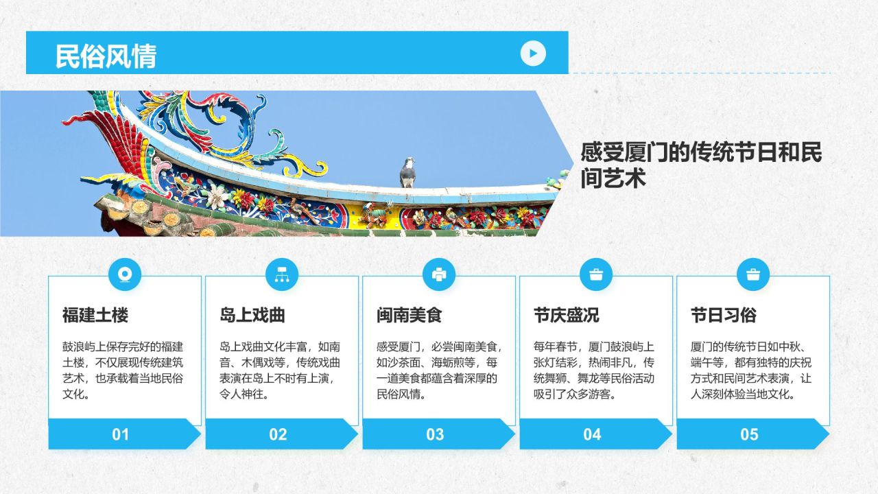 蓝色商务风慢游厦门：鼓浪屿与海上花园城市PPT模板