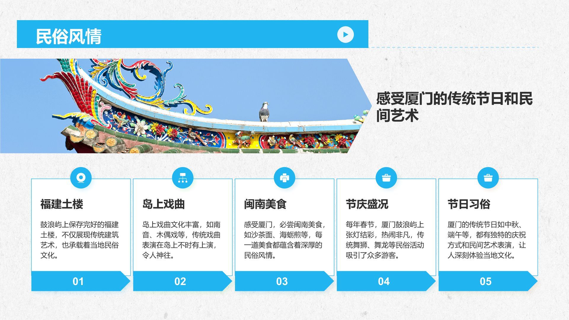 蓝色商务风慢游厦门：鼓浪屿与海上花园城市PPT模板