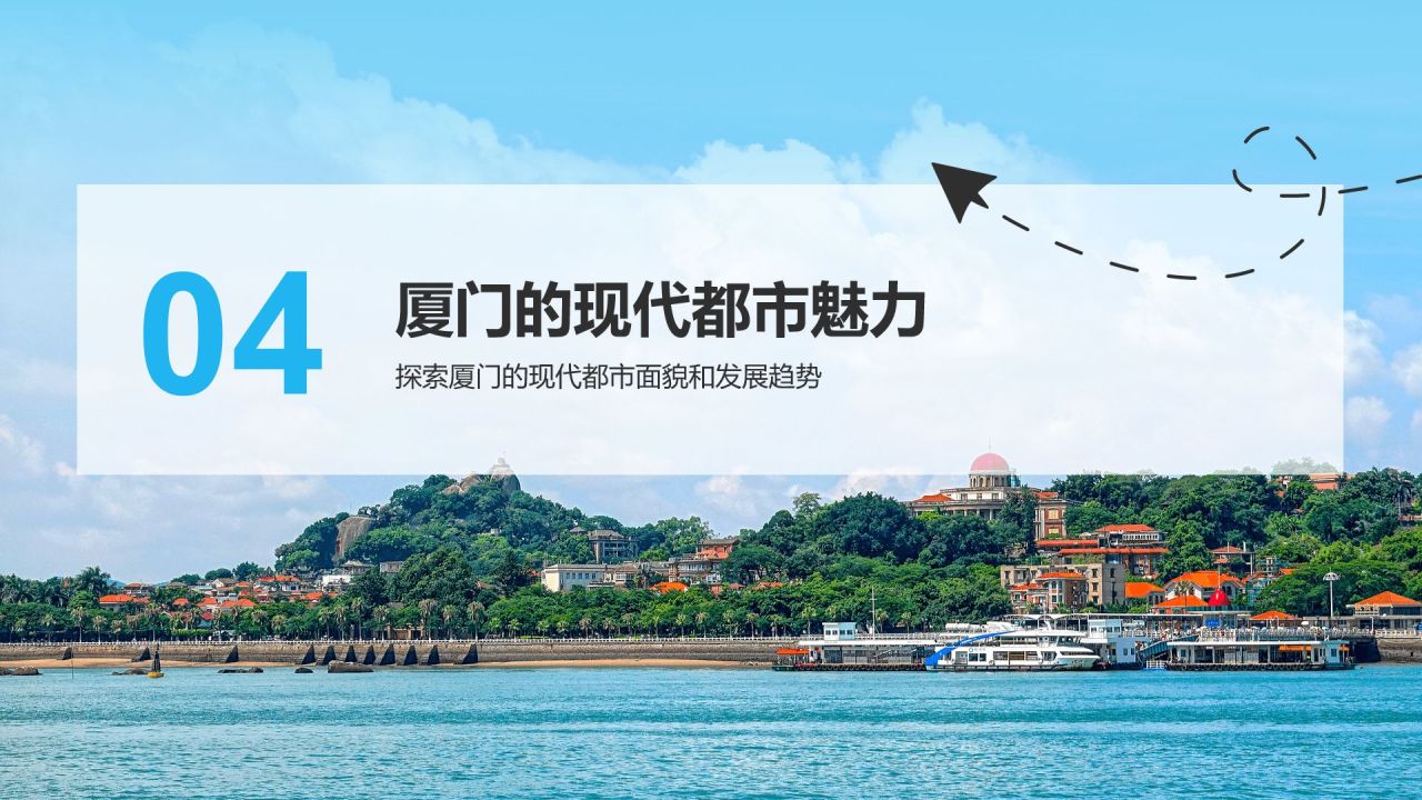 蓝色商务风慢游厦门：鼓浪屿与海上花园城市PPT模板
