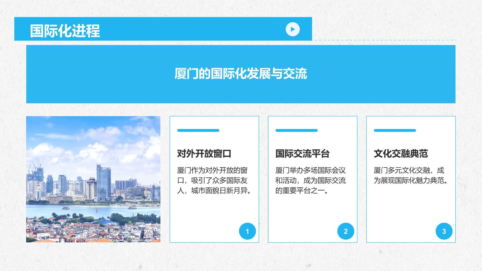 蓝色商务风慢游厦门：鼓浪屿与海上花园城市PPT模板