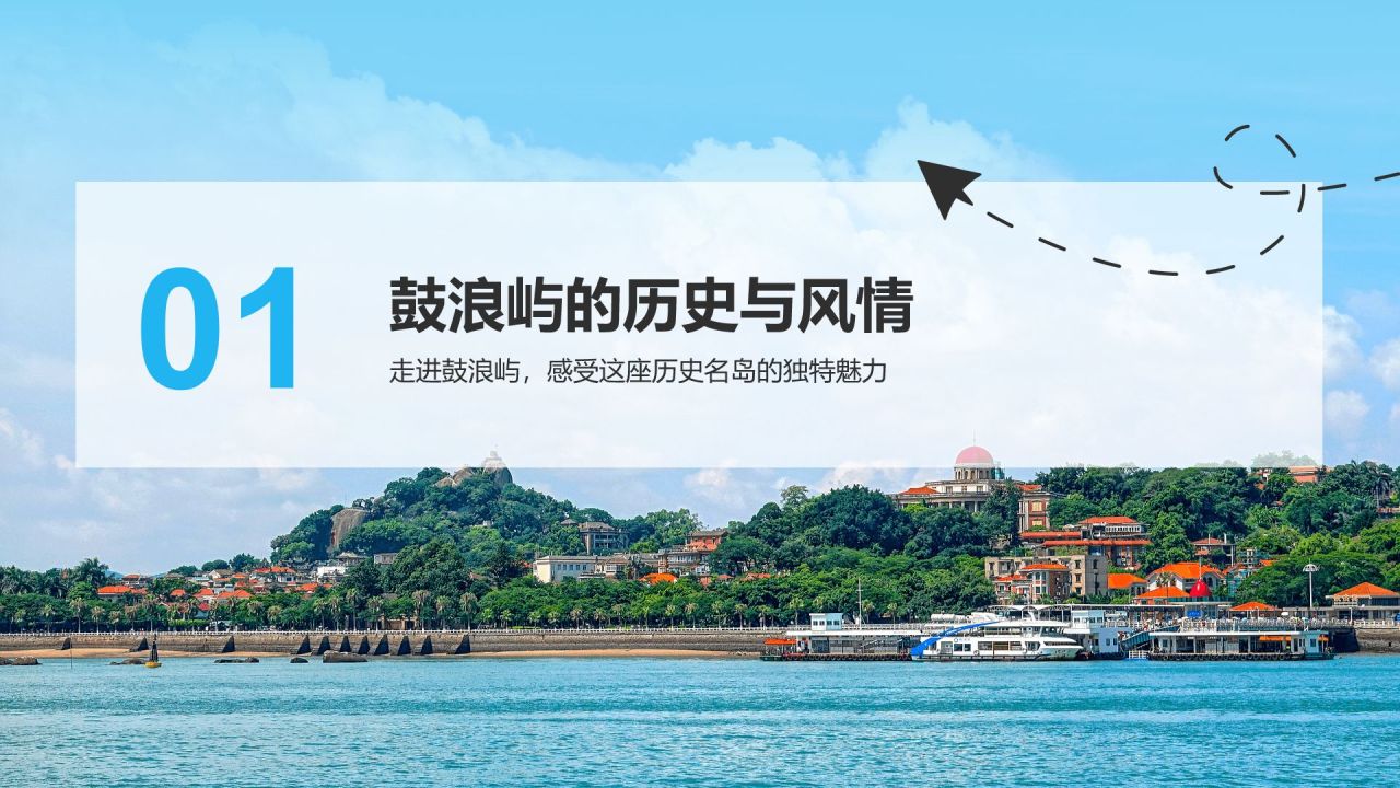 蓝色商务风慢游厦门：鼓浪屿与海上花园城市PPT模板