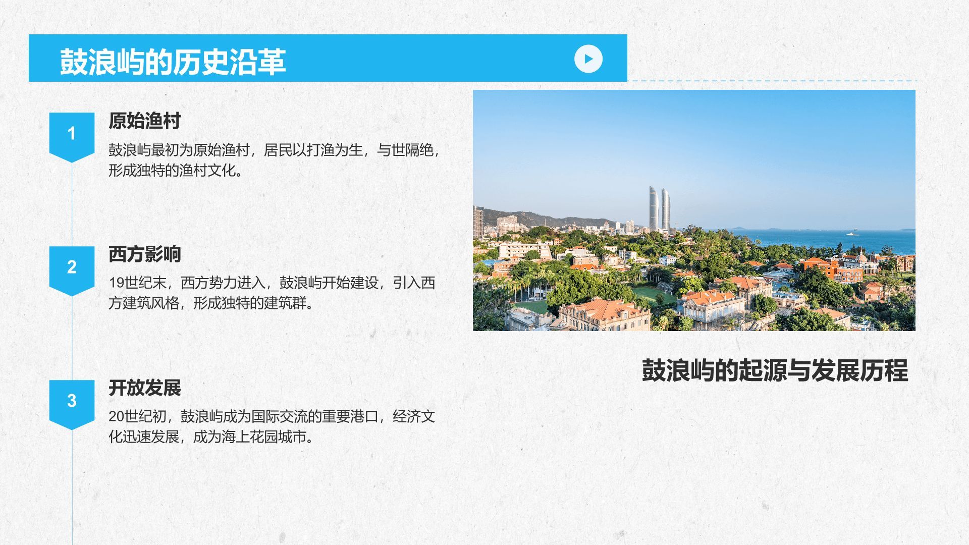 蓝色商务风慢游厦门：鼓浪屿与海上花园城市PPT模板