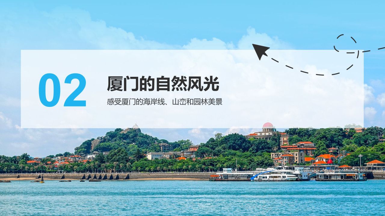 蓝色商务风慢游厦门:鼓浪屿与海上花园城市PPT模板