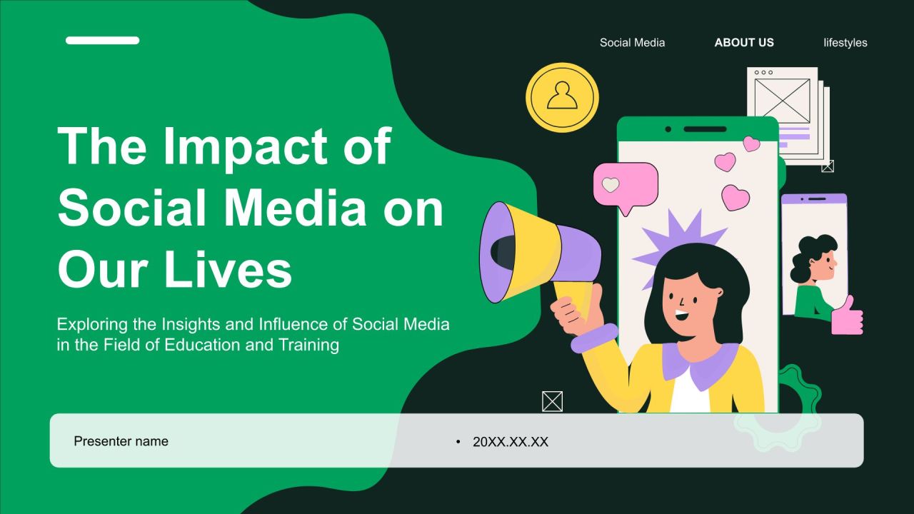 绿色插画风社交媒体对我们生活的影响PPT模板