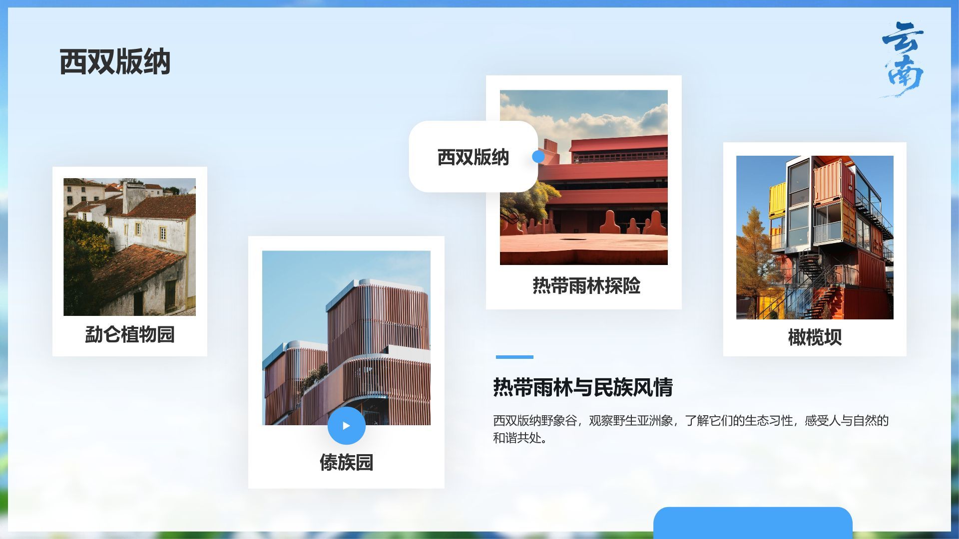 蓝色摄影风探寻彩云之南：云南旅行全攻略PPT模板