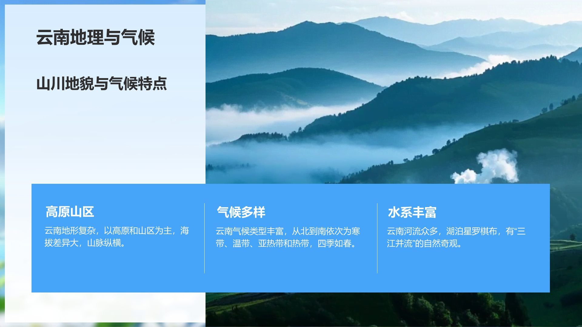蓝色摄影风探寻彩云之南：云南旅行全攻略PPT模板