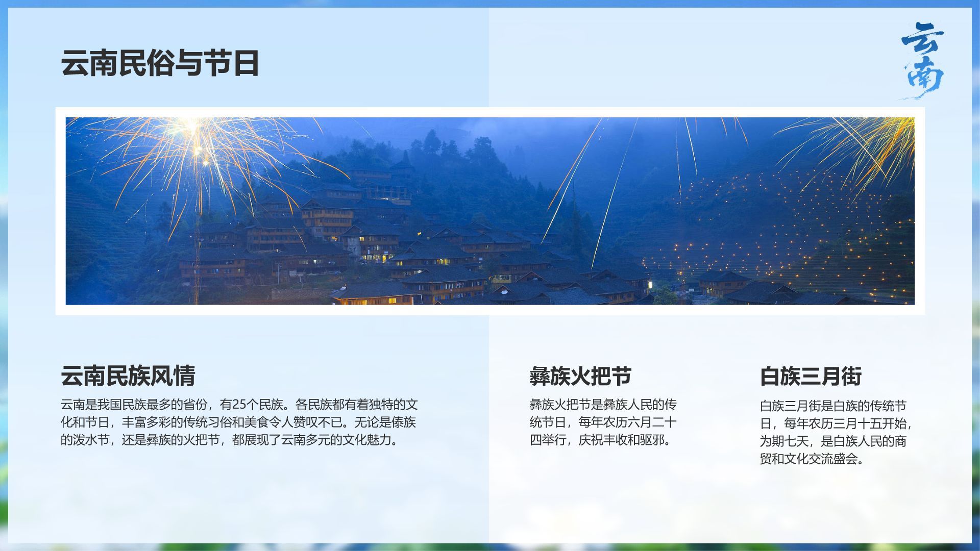 蓝色摄影风探寻彩云之南：云南旅行全攻略PPT模板