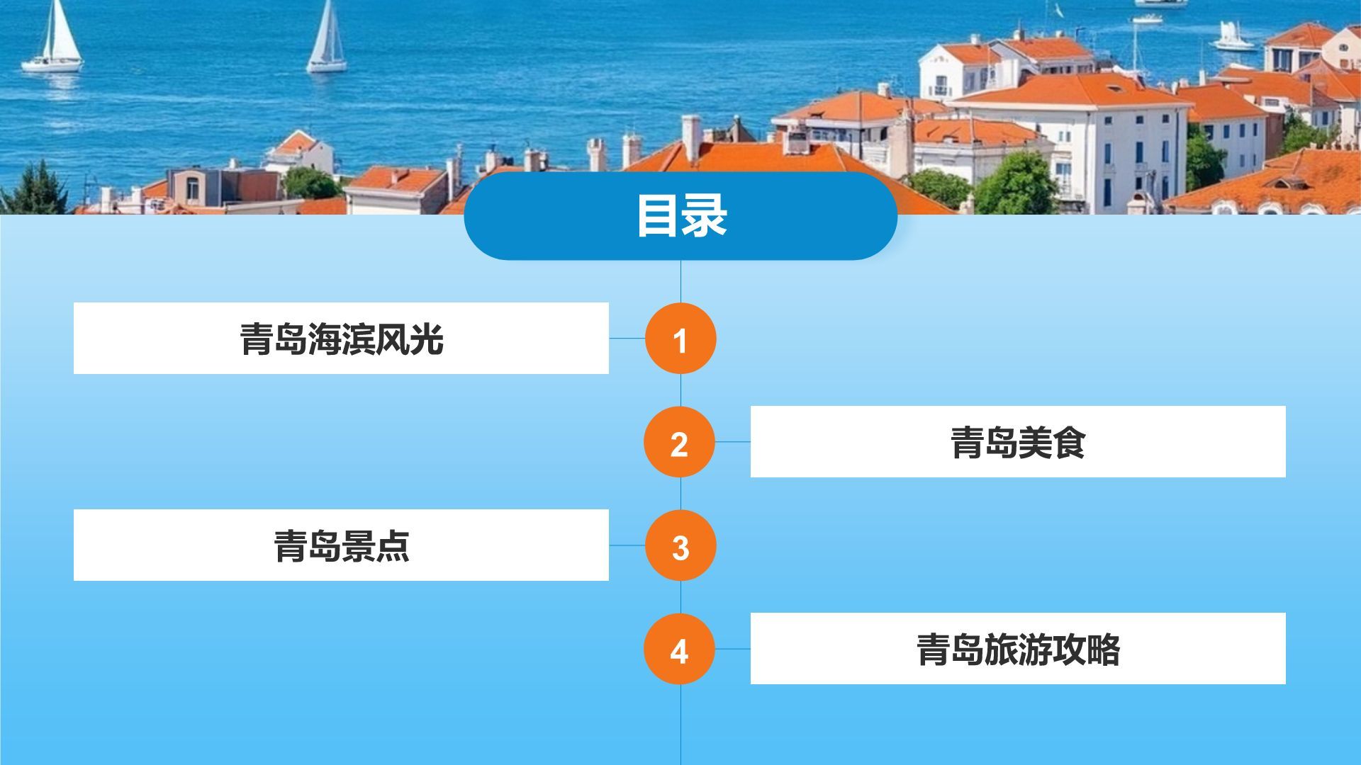 蓝色摄影风青岛海滨城旅游攻略PPT模板
