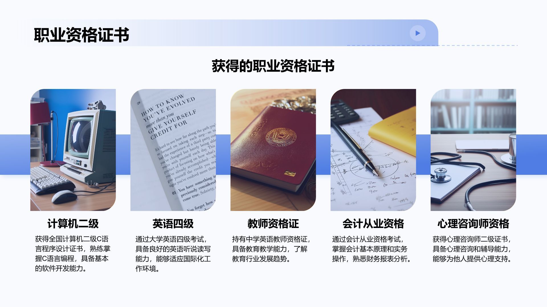 蓝色商务风大学生岗位申请简历PPT模板