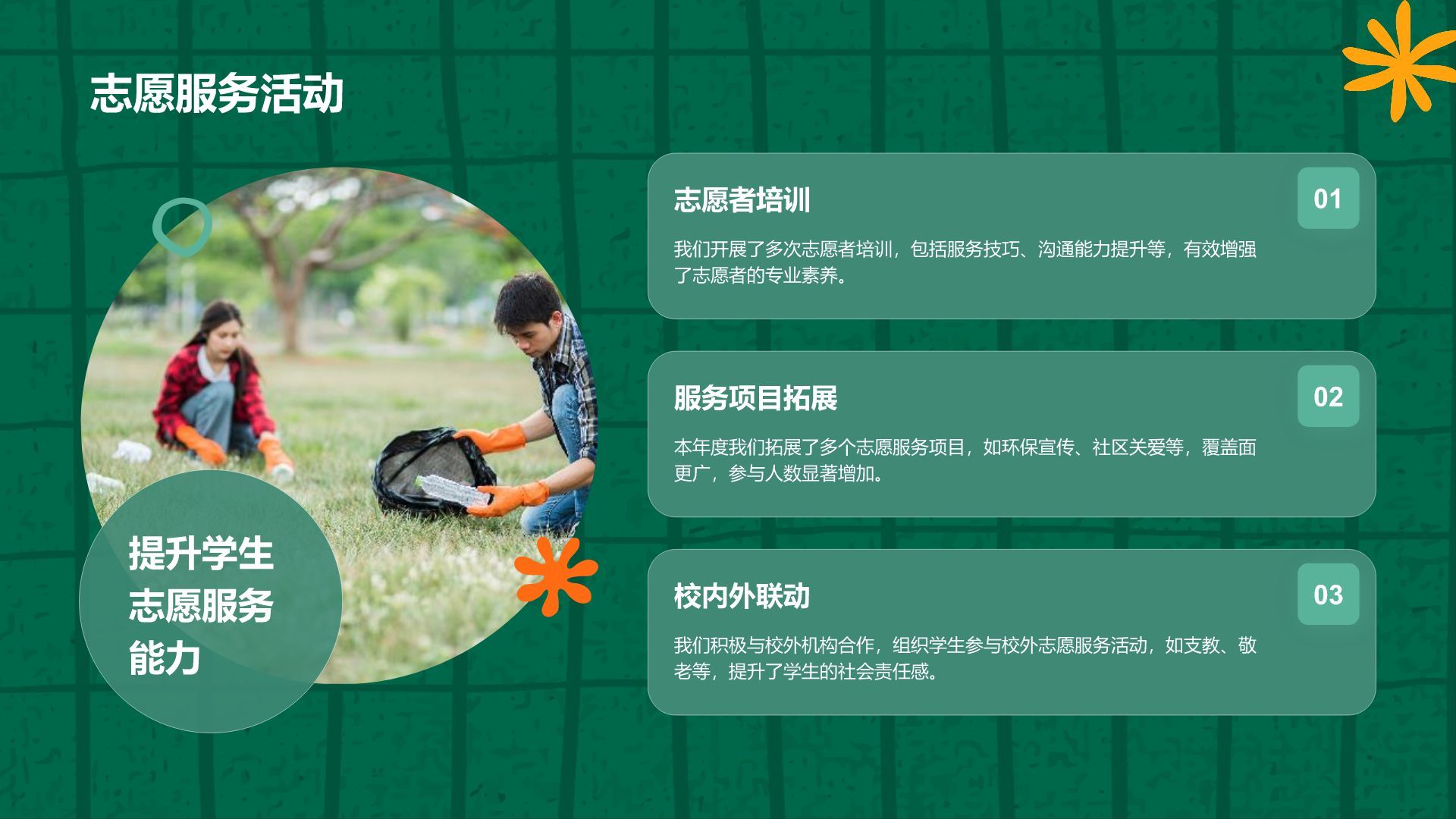 绿色扁平风学生会年度工作亮点总结PPT模板