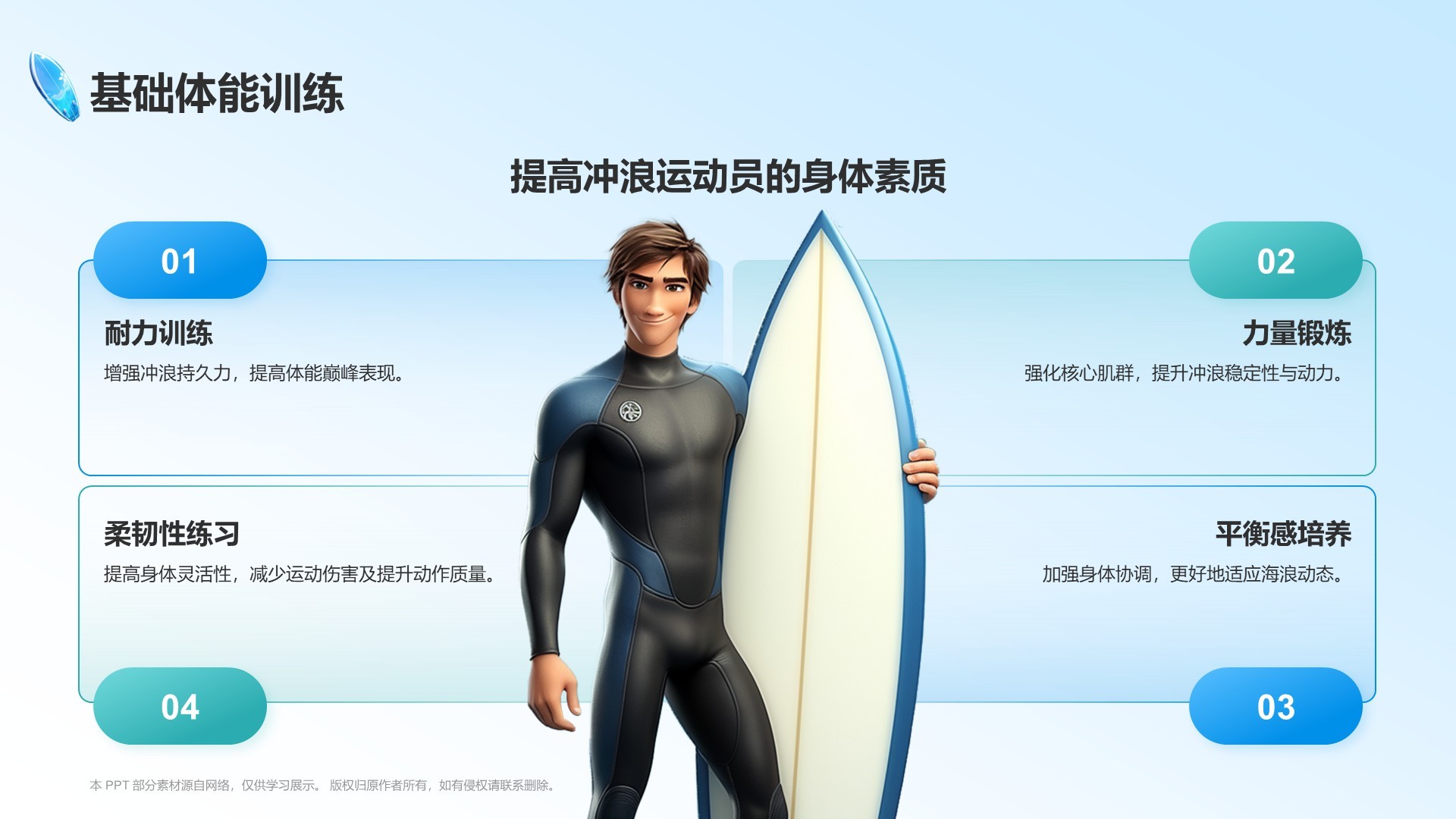 蓝色3D风冲浪PPT模板