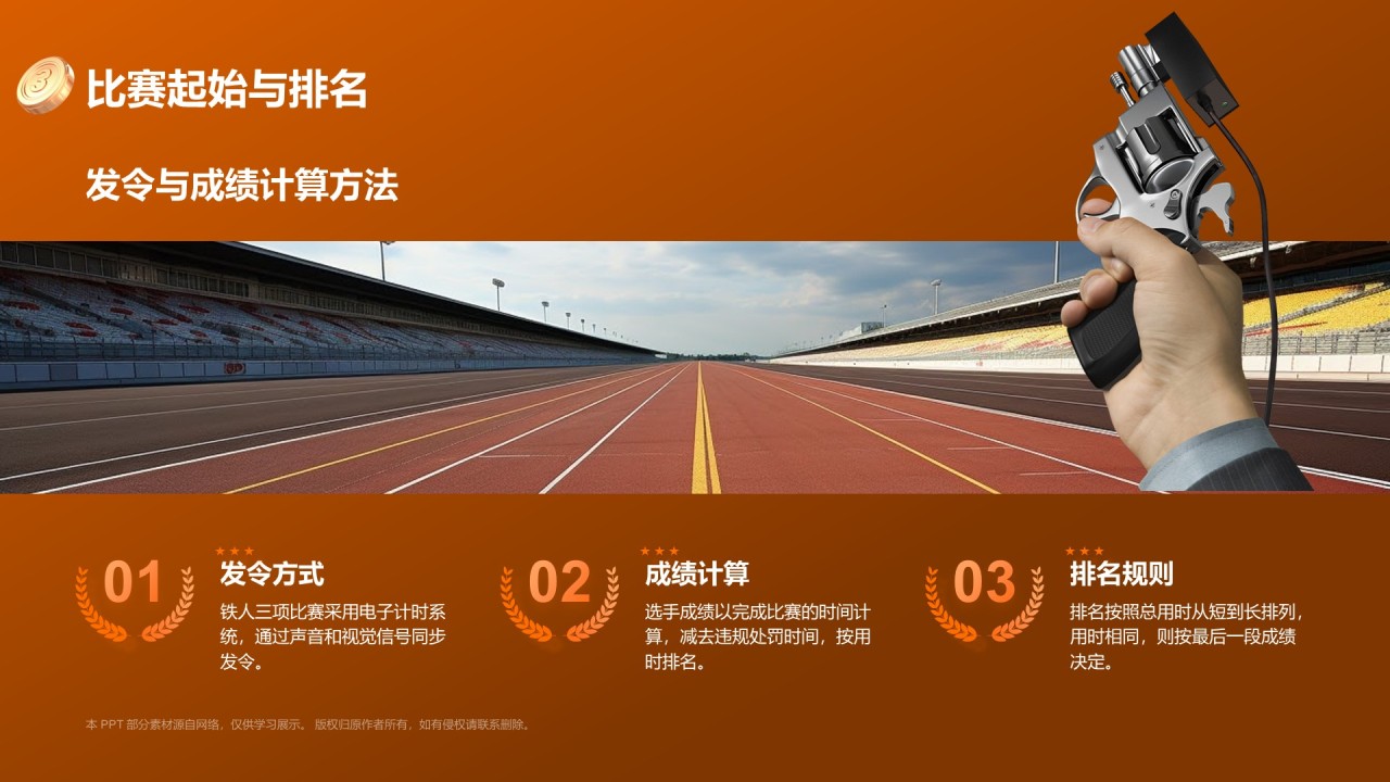 橙色3D风铁人三项PPT模板