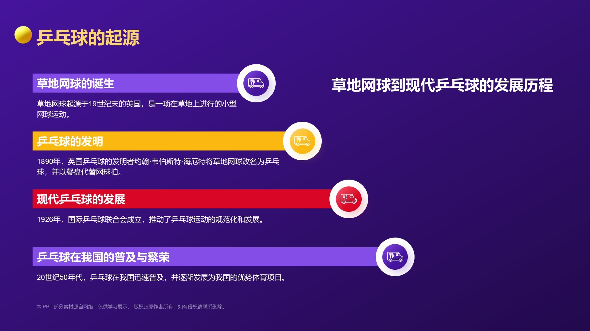 紫色3D风奥运项目科普——乒乓球PPT模板