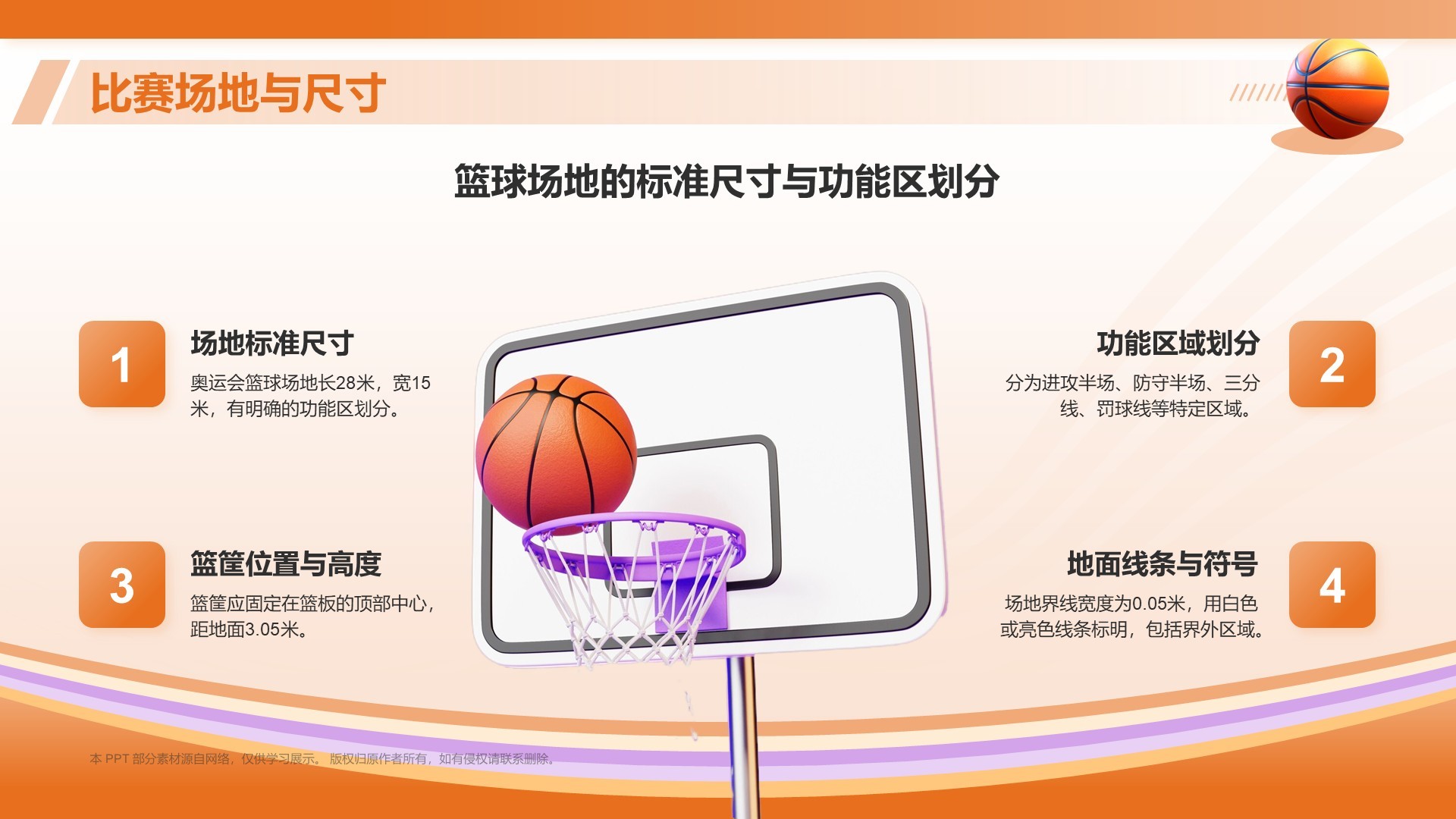 橙色3D风奥运会——篮球项目知识科普PPT模板