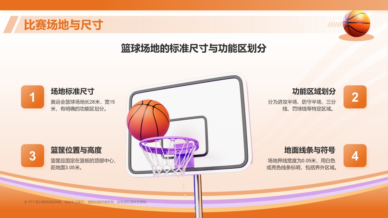 橙色3D风奥运会——篮球项目知识科普PPT模板