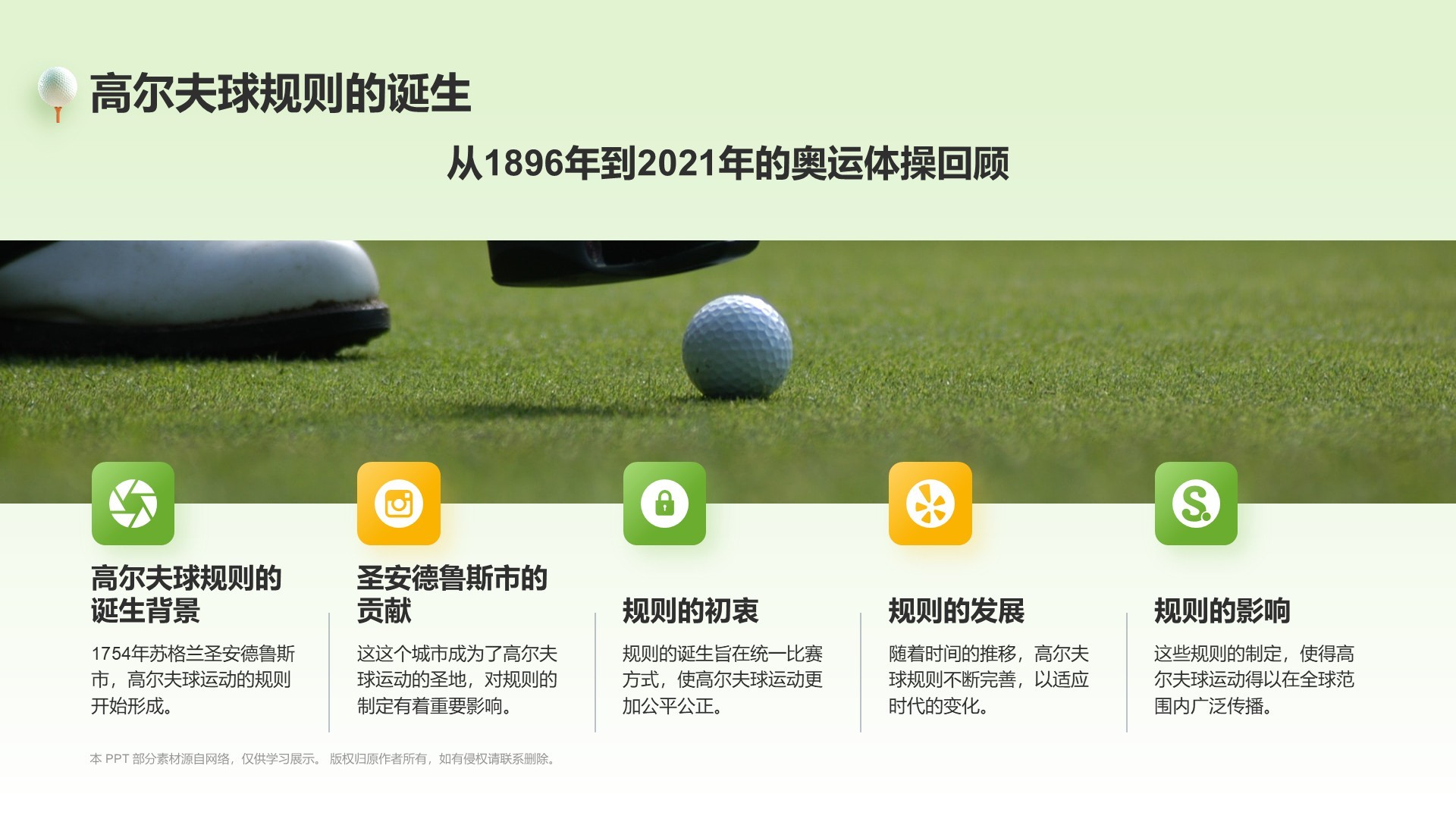 绿色3D风奥运项目科普——高尔夫球PPT模板
