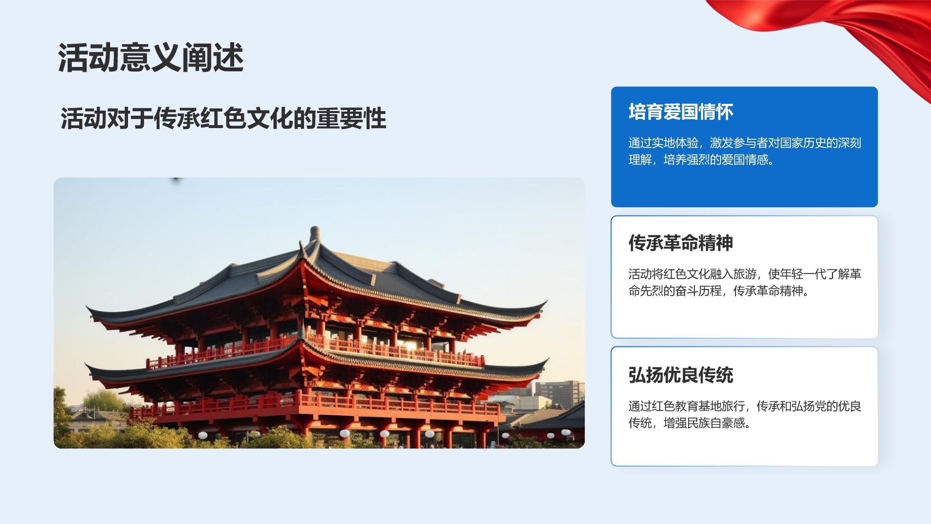 蓝色党政风红色教育基地旅行计划PPT模板