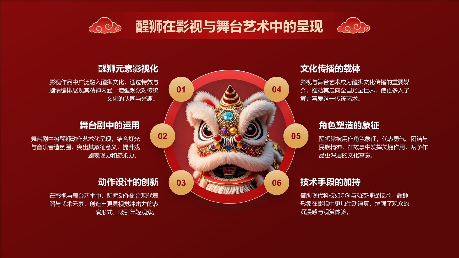 红色国潮风醒狮文化的起源与发展PPT模板