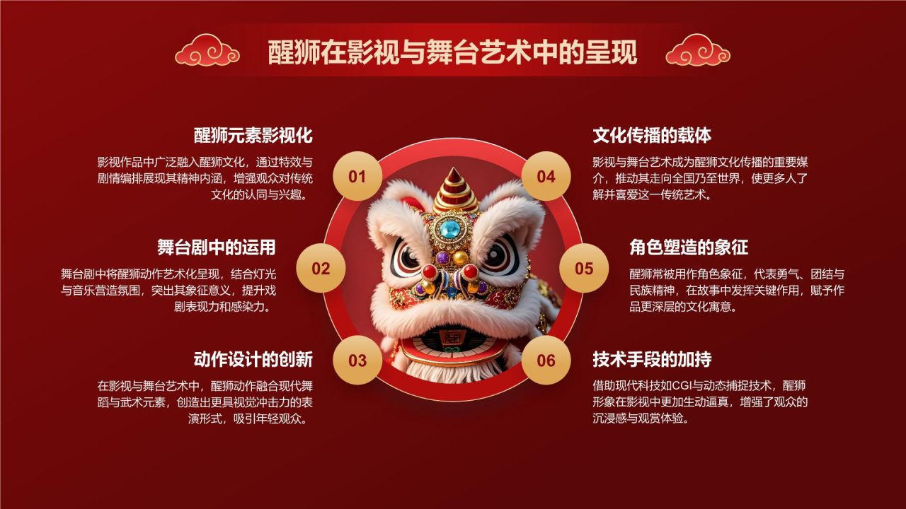 红色国潮风醒狮文化的起源与发展PPT模板