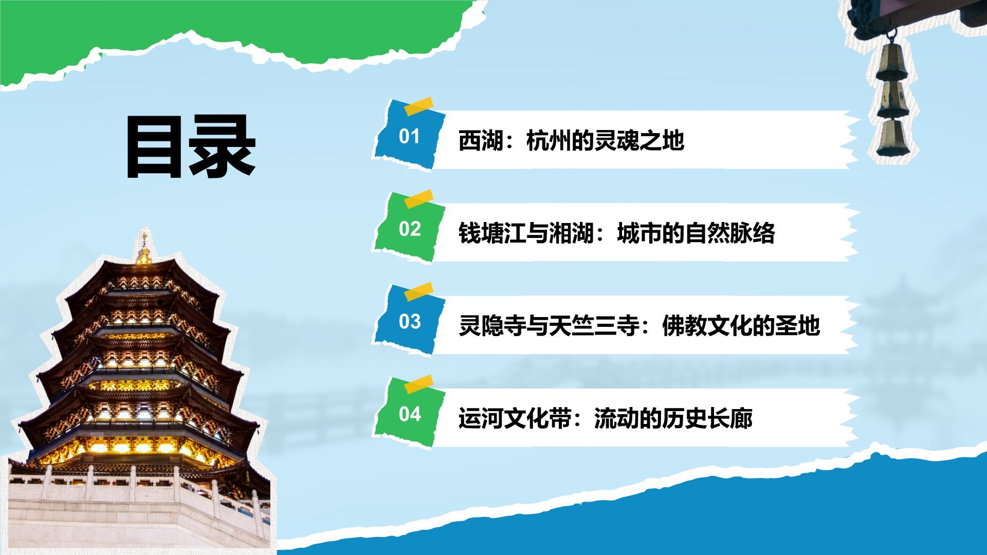 蓝色摄影风杭州自然与人文景点深度探索计划PPT模板