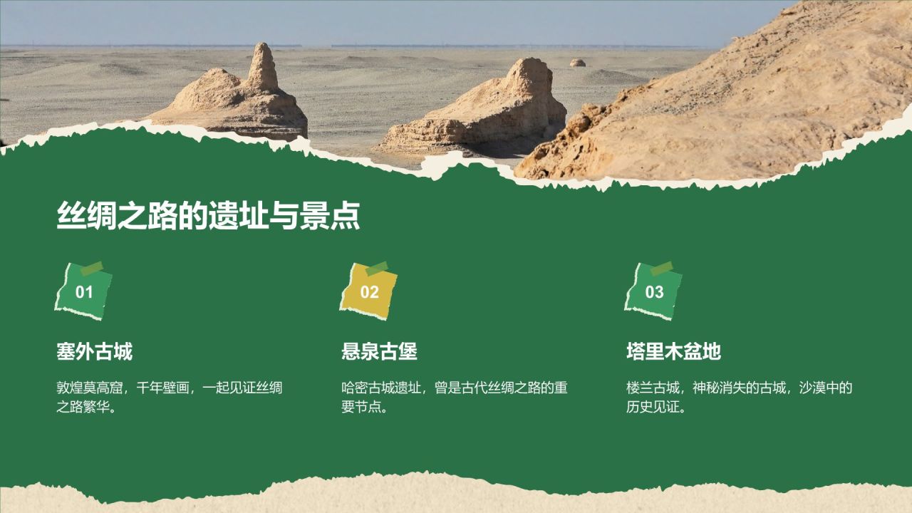 绿色摄影风新疆西域风情旅行攻略PPT模板