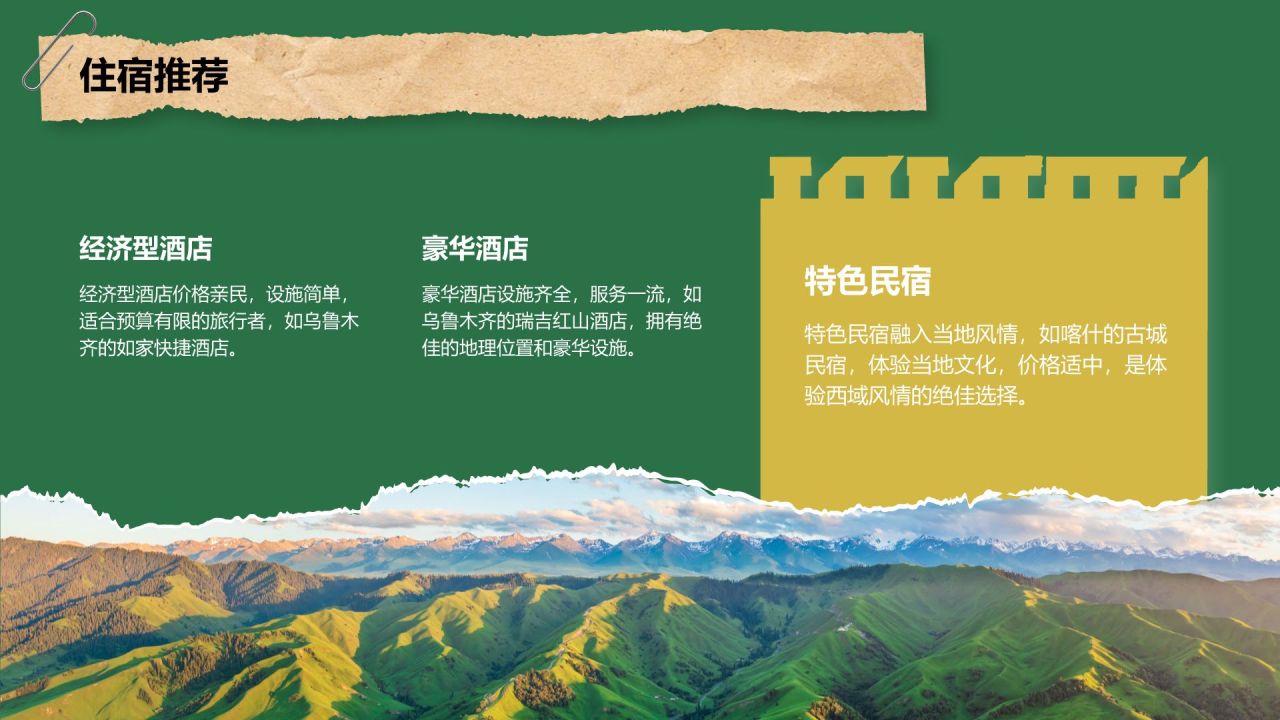 绿色摄影风新疆西域风情旅行攻略PPT模板