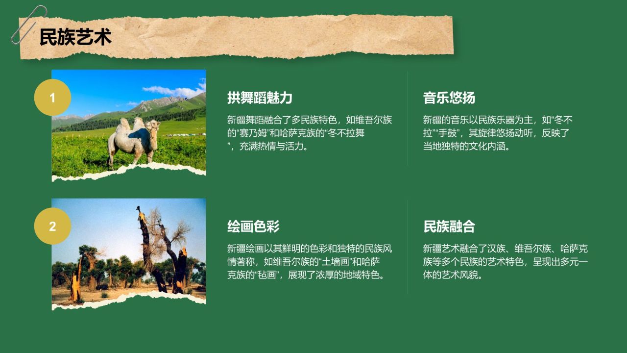 绿色摄影风新疆西域风情旅行攻略PPT模板