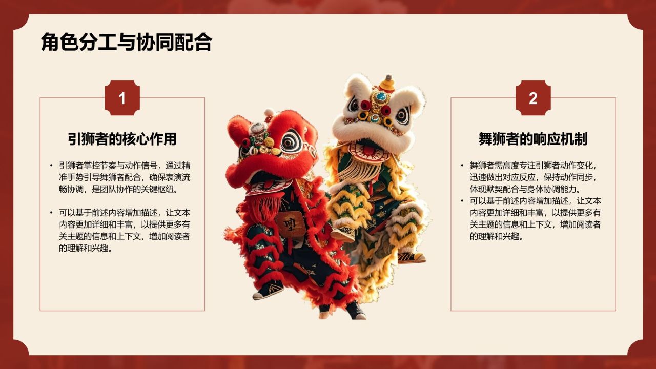 红色复古风醒狮精神与团队协作启示PPT模板