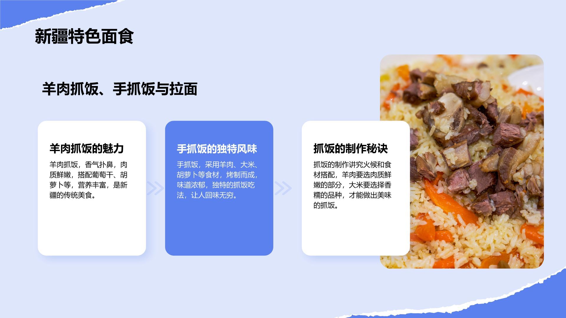 蓝色摄影风新疆深度游路线推荐：风景与美食之旅PPT模板