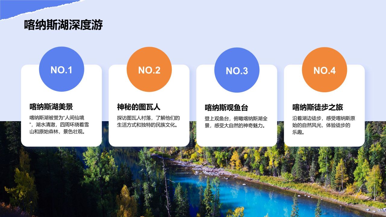蓝色摄影风新疆深度游路线推荐:风景与美食之旅PPT模板
