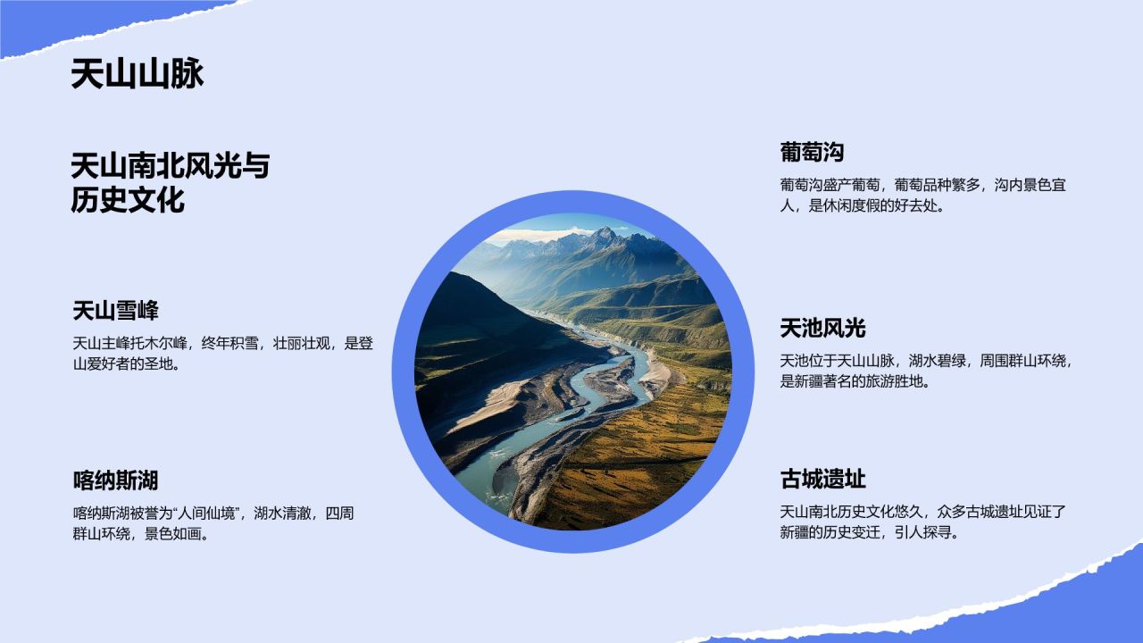 蓝色摄影风新疆深度游路线推荐:风景与美食之旅PPT模板