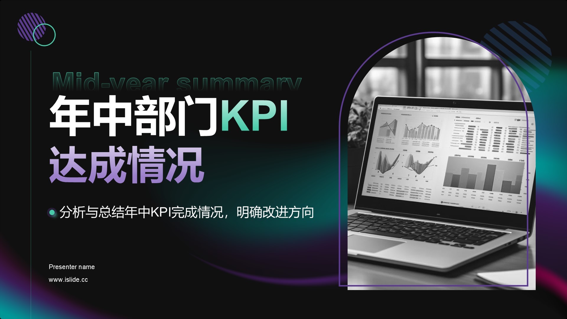 h黑色商务风年中部门KPI达成情况PPT主题