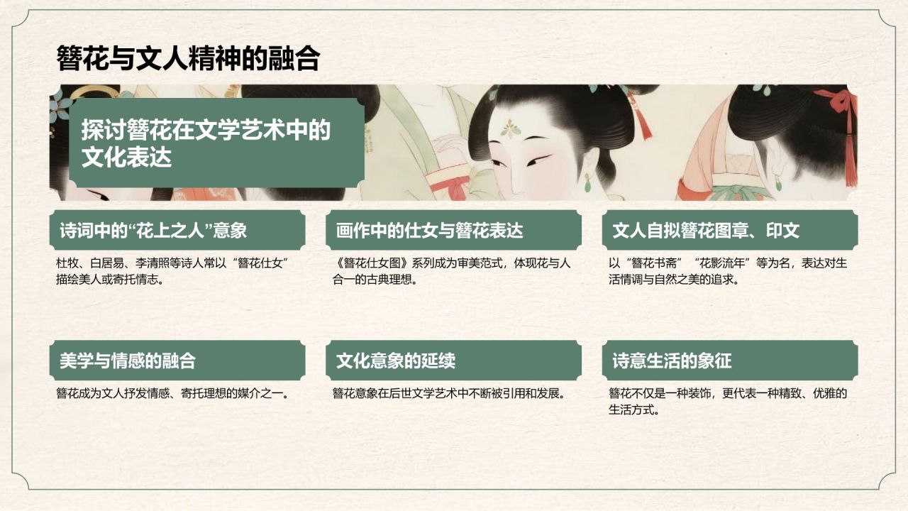 绿色复古风簪花在文化遗产中的地位PPT模板